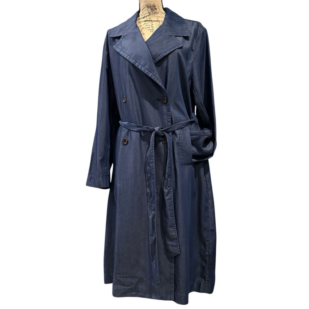 On 34th Belted Double Breasted Long Trench Coat Womens Large Blue Spring Classic